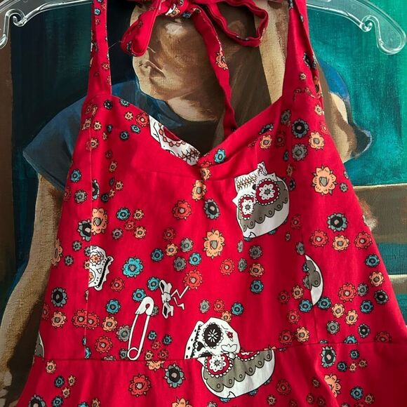 Vibrant Red Skull Pattern Mini Dress L - Picture 4 of 16